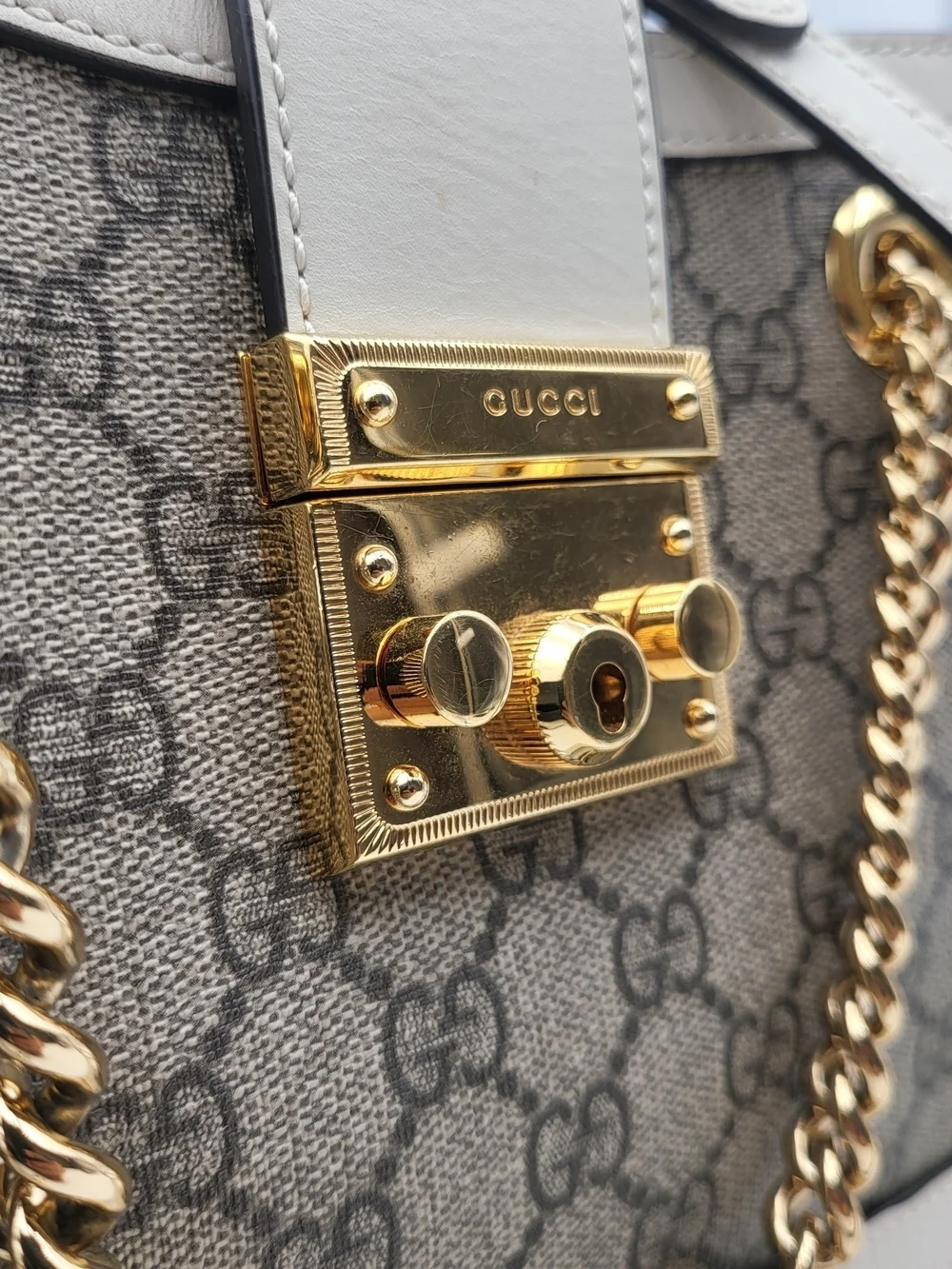 Gucci-GG Canvas Small Padlock  Calfskin Ebony Mystic White, Authentic...